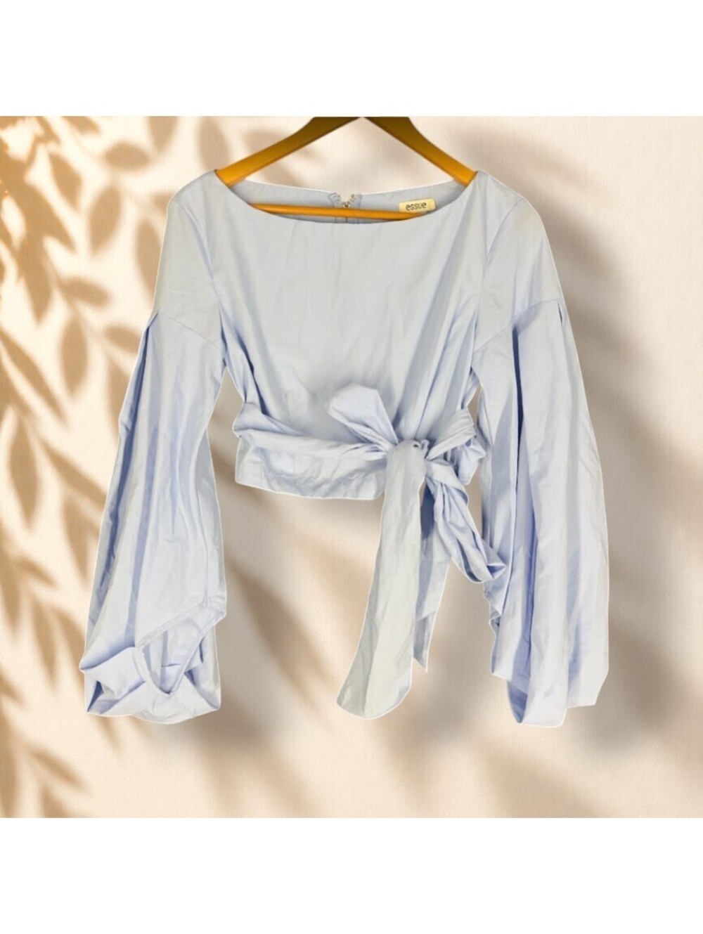 Essue Cropped Blouse Women S Small Blue Long Sleeve Belted Zipper Cotton Casual